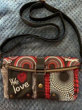 Desigual Red Black White Patterned Crossbody Bag with 'We Love' Detail